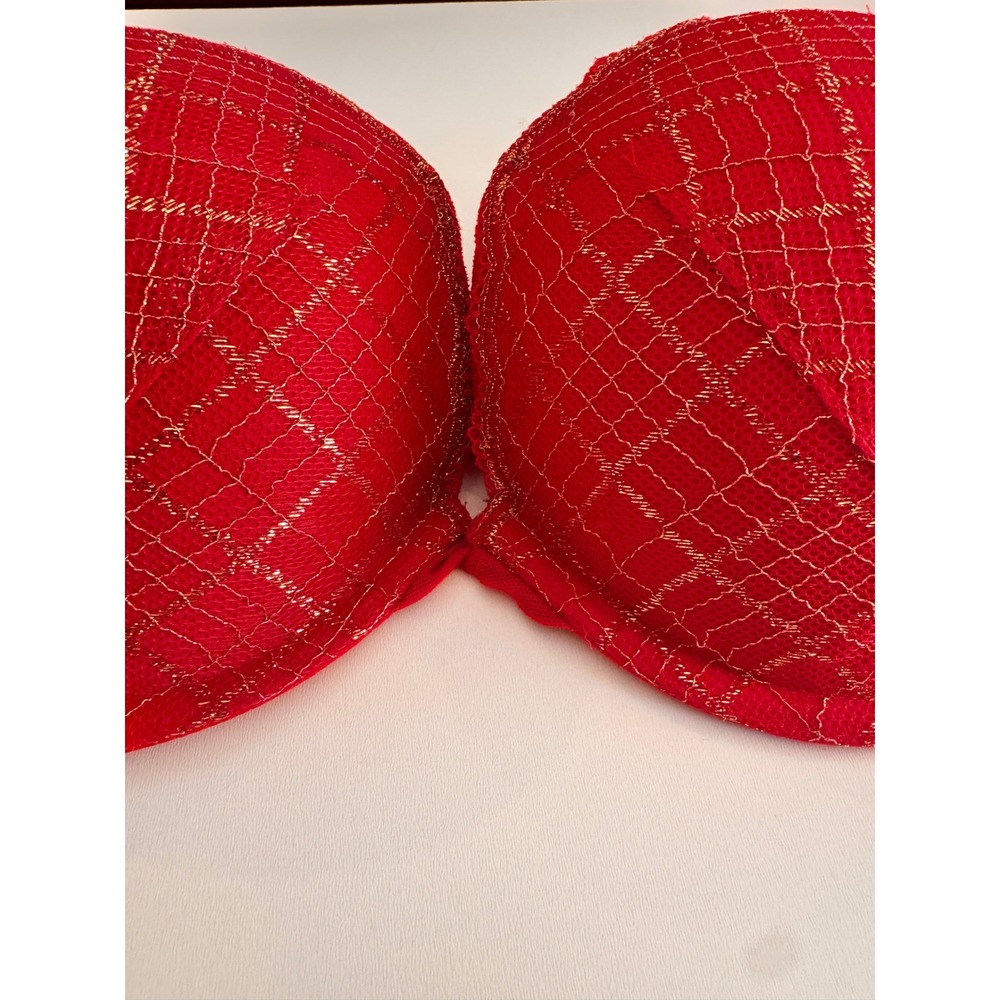 Victoria's Secret Red Gold Plaid Lace Plunge Underwire Bra 34DD - Picture 4 of 9